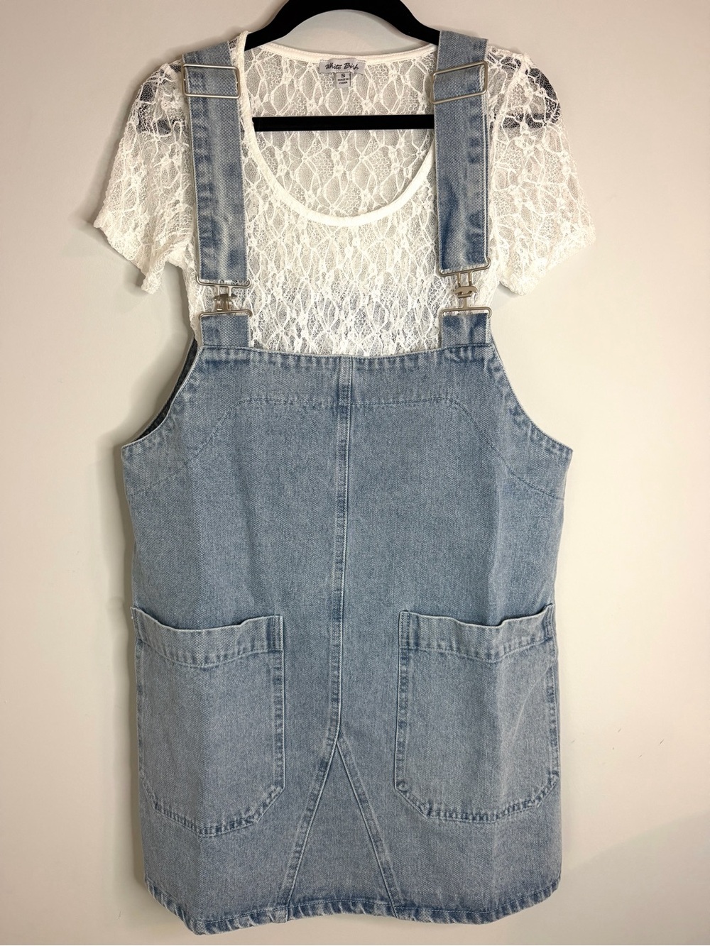 white birch Light Blue Denim Pinafore Dress with White Lace Top